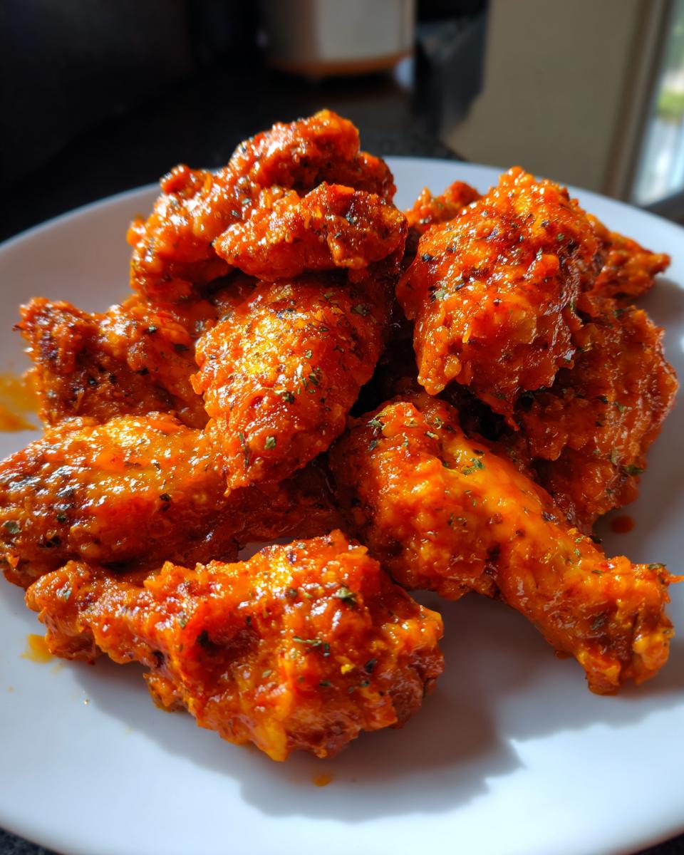 A pile of glossy, orange-red buffalo wings coated in spicy sauce and herbs, served on a white plate.
