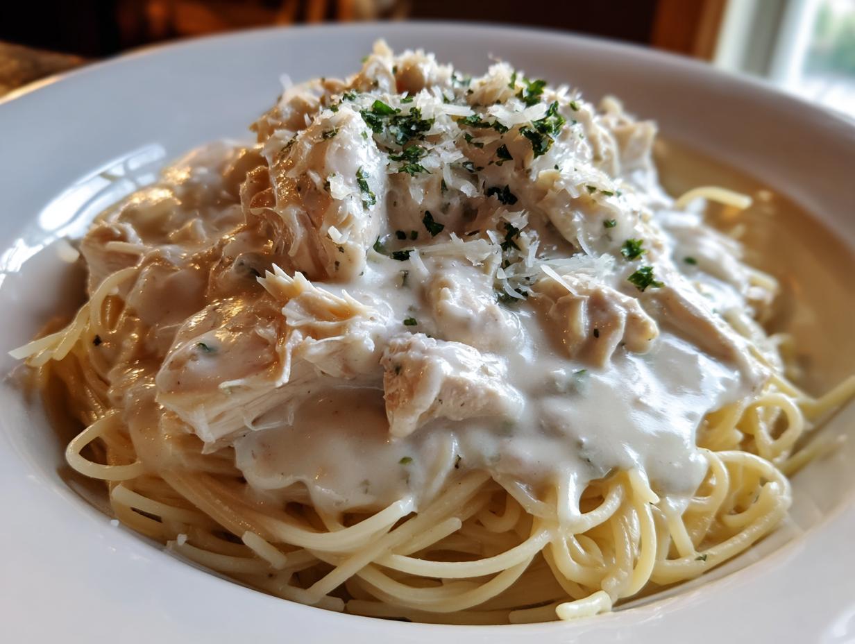 A close-up of crock pot angel chicken served over spaghetti noodles with a creamy white sauce, topped with Parmesan cheese and parsley.