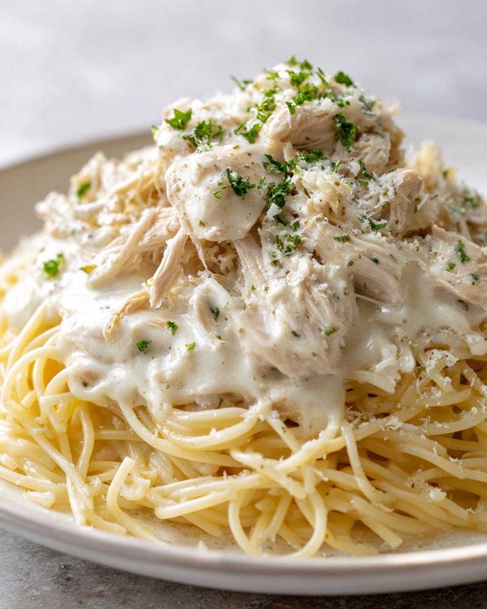 Shredded crock pot angel chicken in creamy sauce served over a bed of spaghetti, topped with Parmesan and parsley.