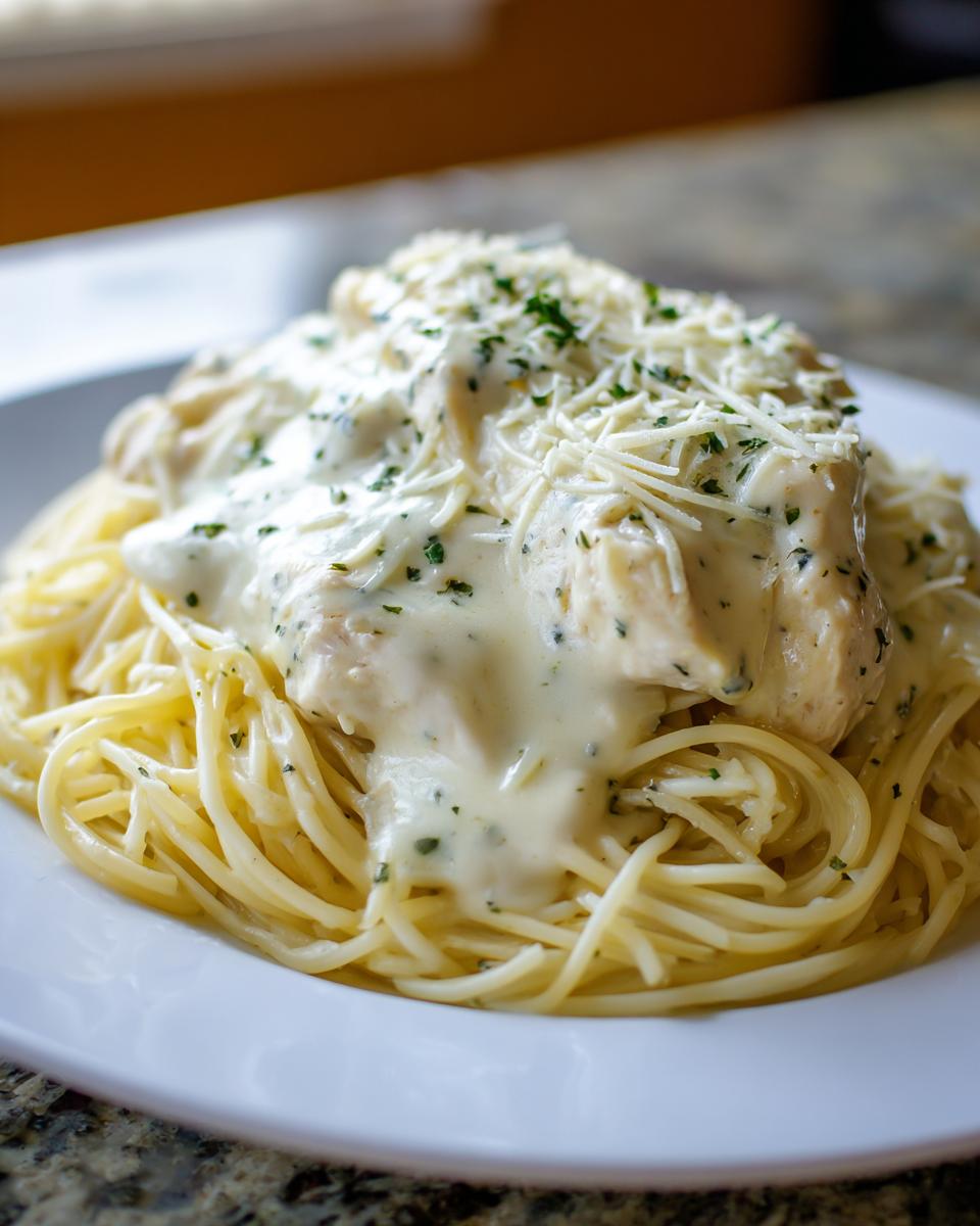 Creamy crock pot angel chicken served over a bed of spaghetti and topped with Parmesan cheese.