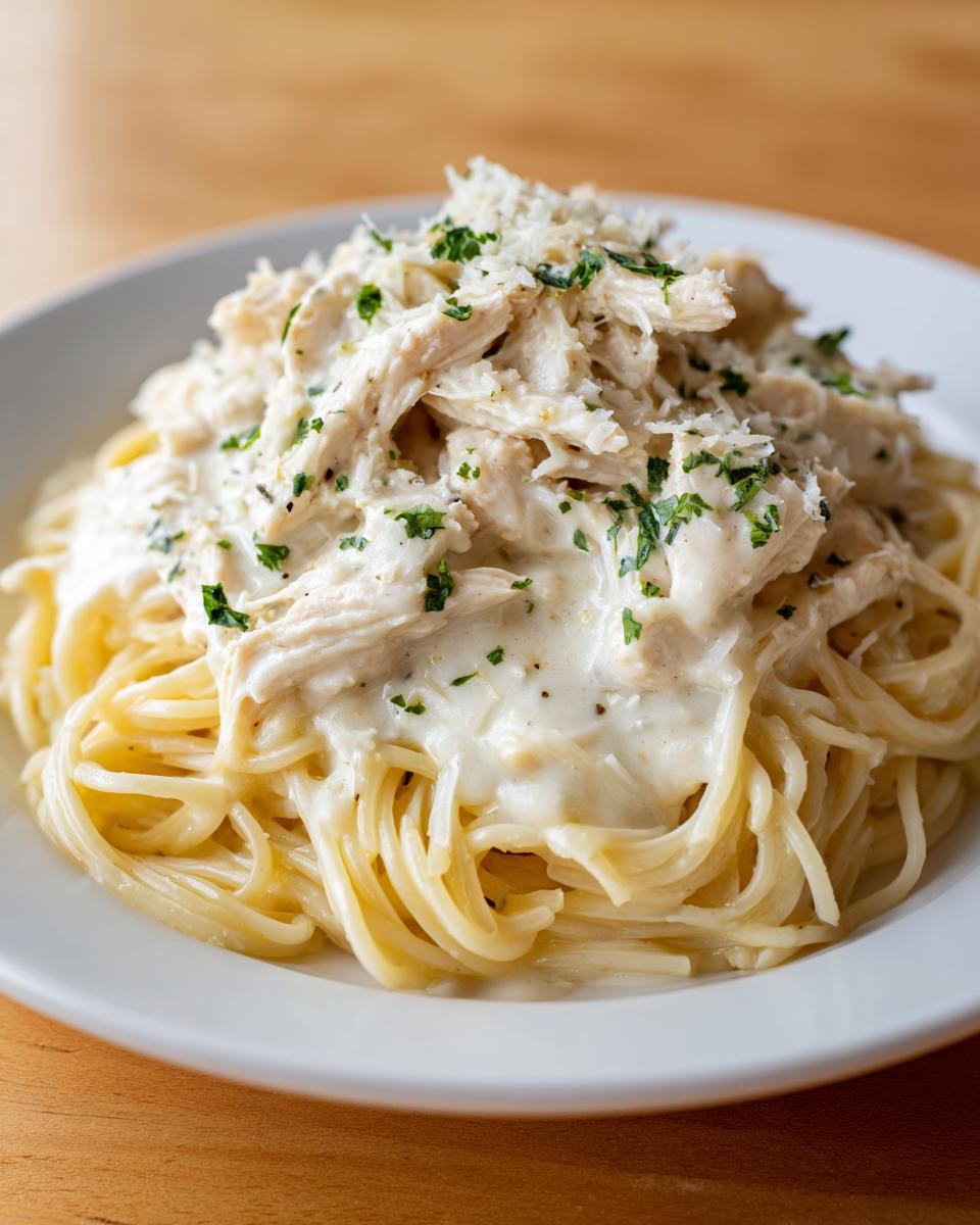 A plate of spaghetti topped with shredded chicken in a creamy white sauce, characteristic of crock pot angel chicken.