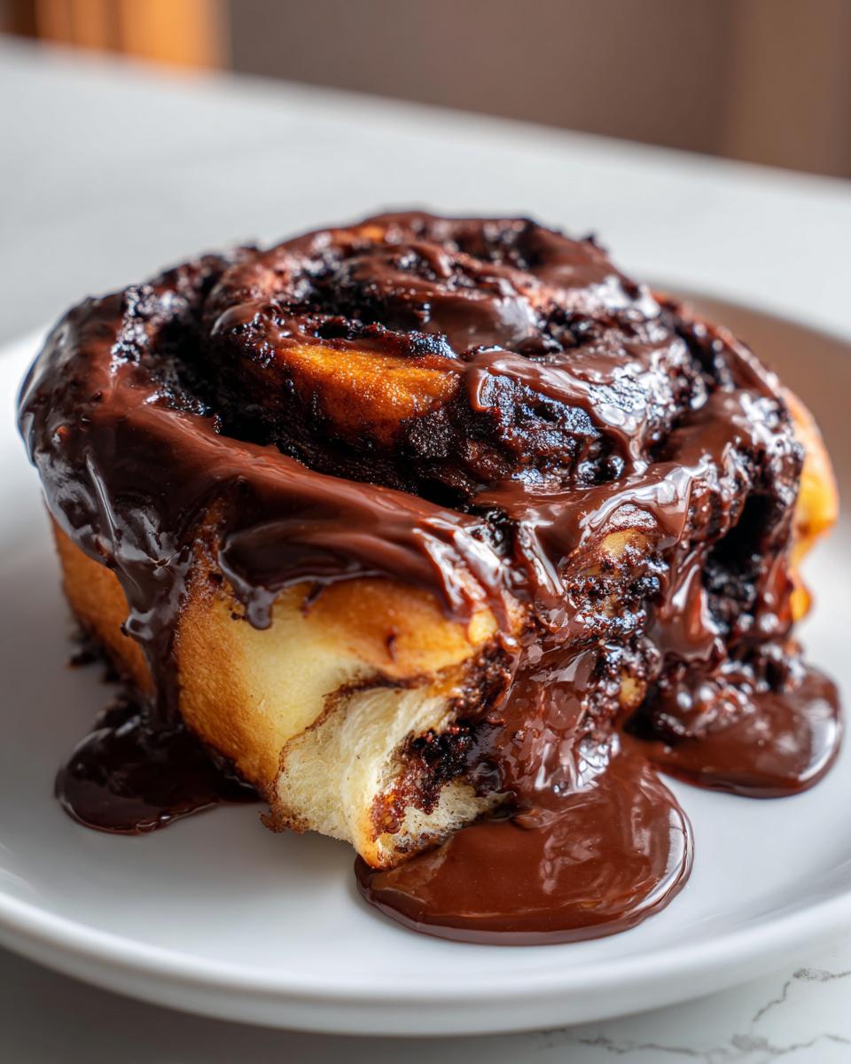 Close-up of a single, fluffy chocolate cinnamon roll generously covered in thick, melted chocolate glaze.