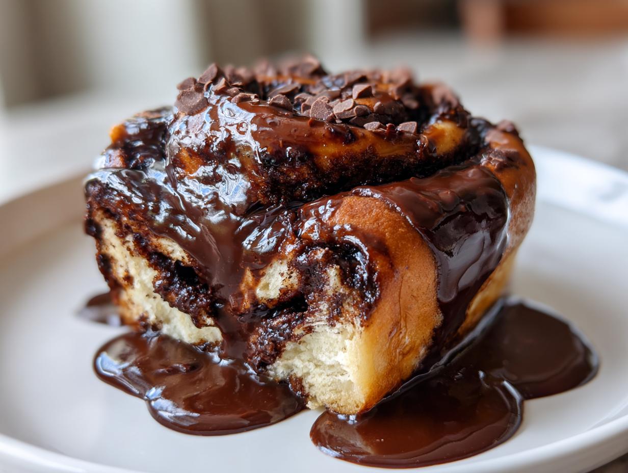 A close-up of a single, gooey chocolate cinnamon roll covered in thick chocolate glaze and mini chocolate chips.
