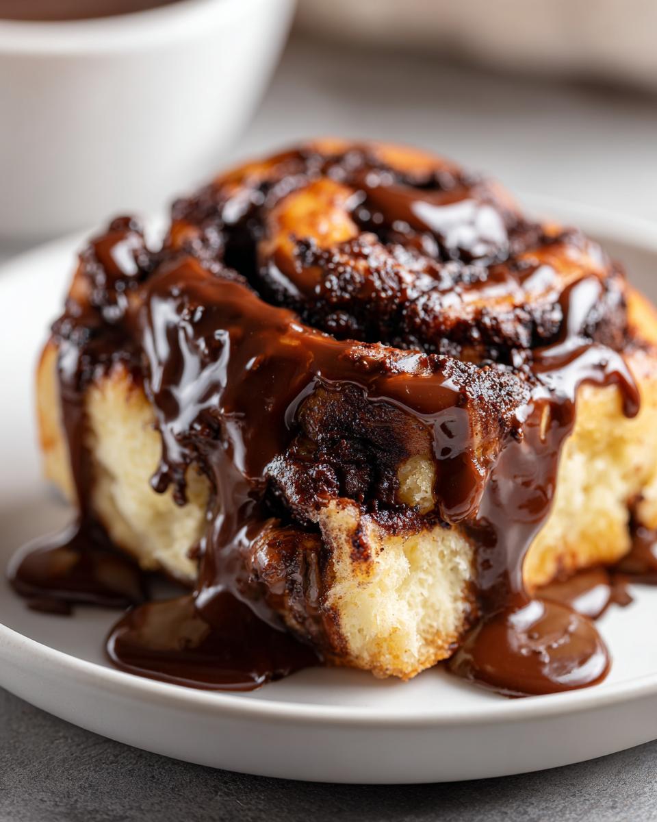 A close-up of a soft, fluffy chocolate cinnamon roll generously drizzled with thick chocolate glaze.