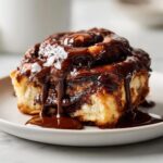 A single, fluffy chocolate cinnamon roll generously drizzled with thick, glossy chocolate sauce.