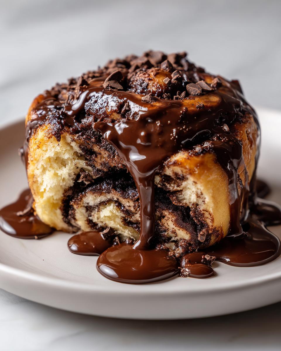 Close-up of a soft chocolate cinnamon roll being drizzled with thick chocolate glaze and topped with chocolate chips.