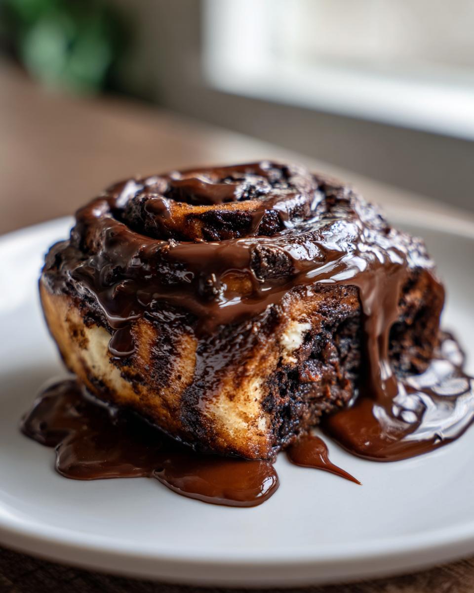 Close-up of a single, rich chocolate cinnamon rolls heavily covered in melted chocolate glaze.