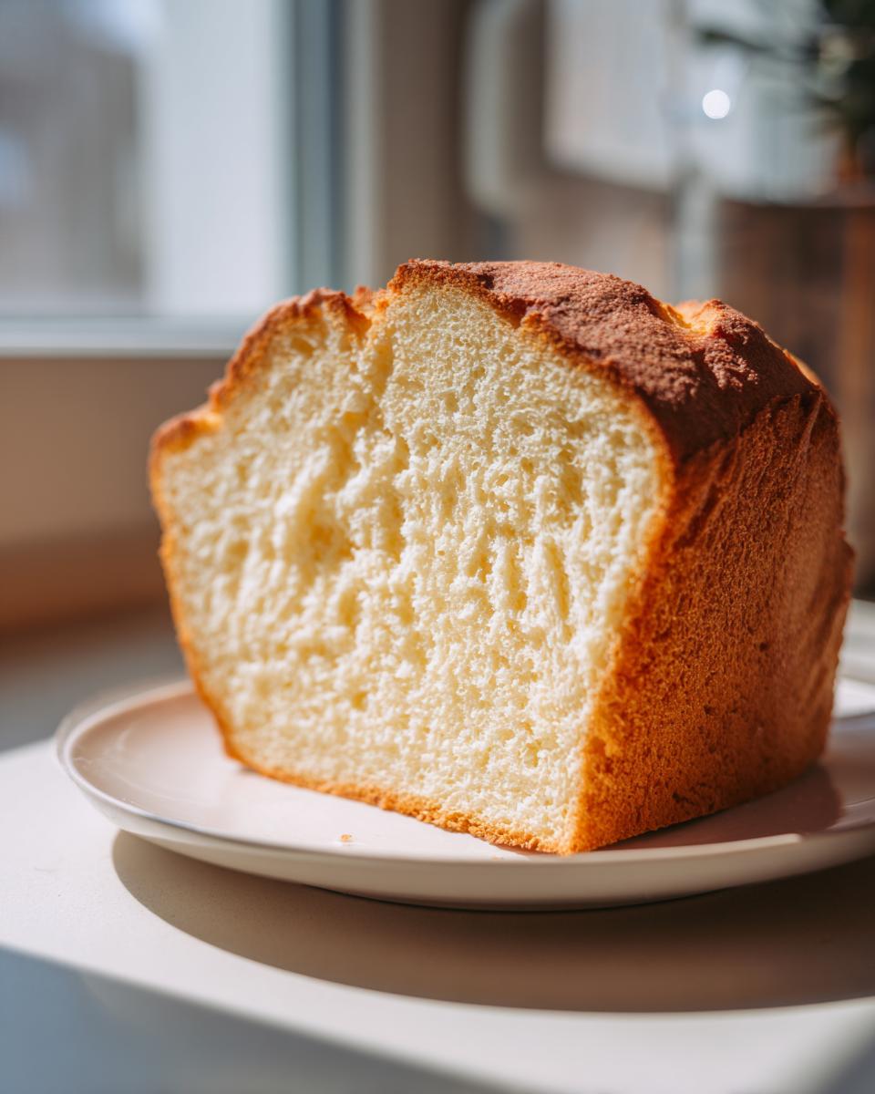 Close-up of a thick slice of golden brown cottage cheese bread showing its soft, airy crumb texture.