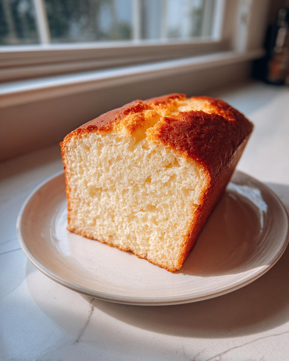 A thick slice of golden-brown cottage cheese bread showing its soft, airy interior, resting on a light plate.