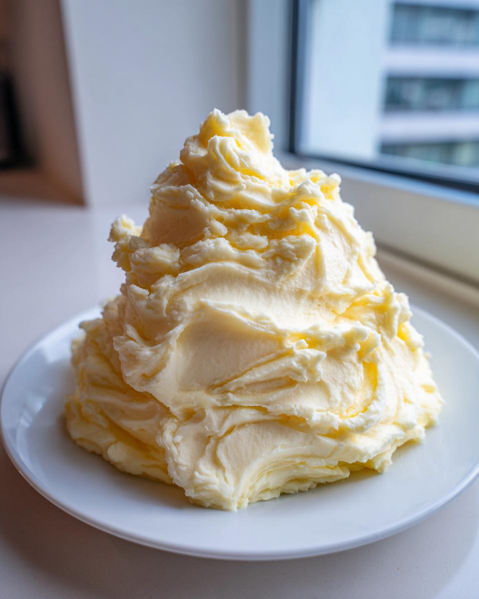 A tall, swirled mound of incredibly creamy, pale yellow mashed potatoes recipe served on a white plate by a window.