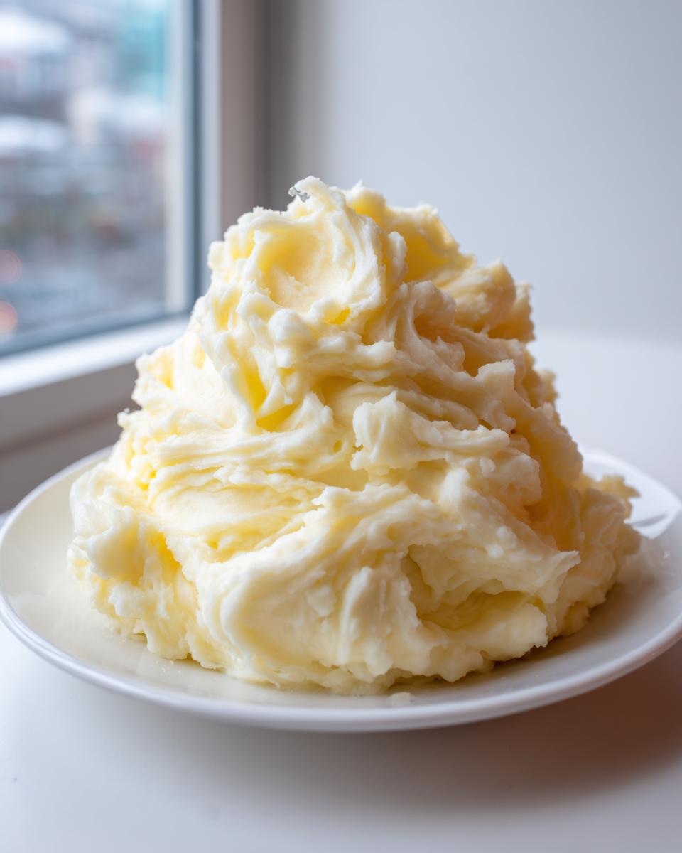 A large, fluffy mound of creamy, pale yellow mashed potatoes recipe served on a white plate.