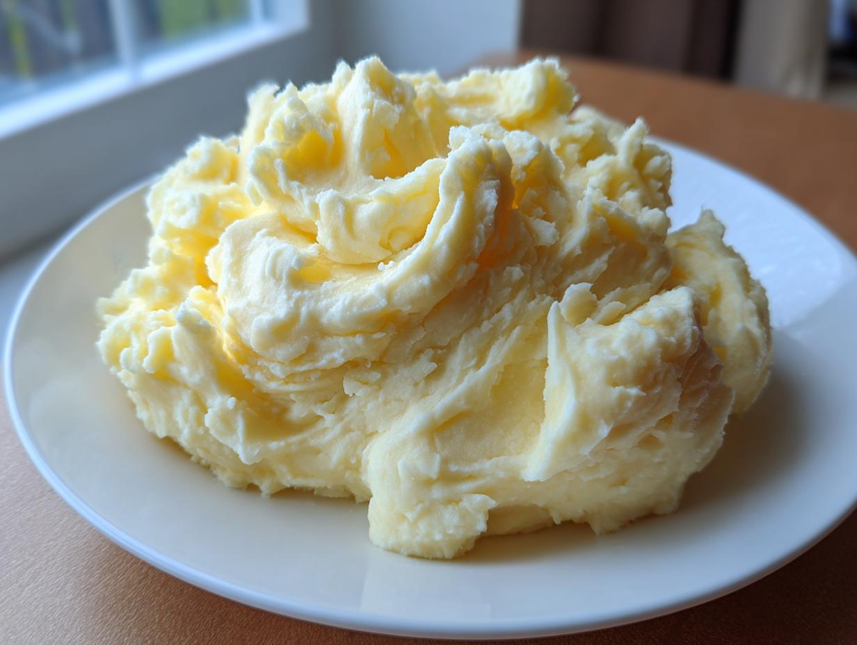 A generous serving of incredibly fluffy and creamy mashed potatoes recipe piled high on a white plate.