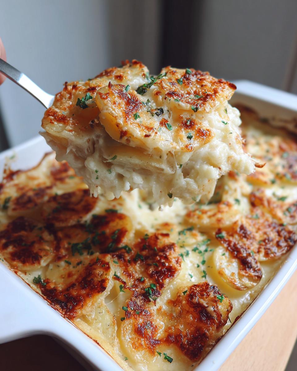A spoonful of creamy french onion potato bake being lifted from a white baking dish, showing browned cheese topping.