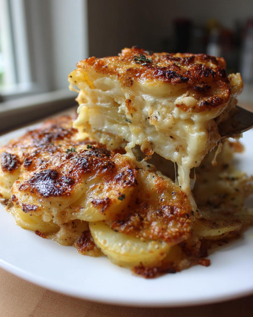 A serving of french onion potato bake being lifted, showing layers of creamy potatoes and a browned, cheesy crust.