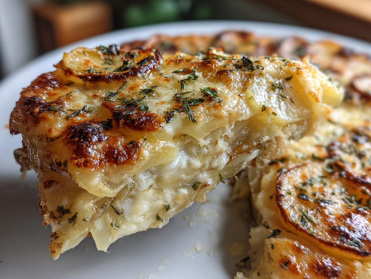 Close-up of a serving being lifted from a cheesy french onion potato bake showing layers of potatoes and creamy sauce.