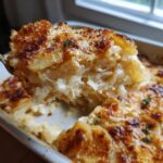 A spoonful lifting a creamy, cheesy slice of french onion potato bake with a golden brown, crispy top.