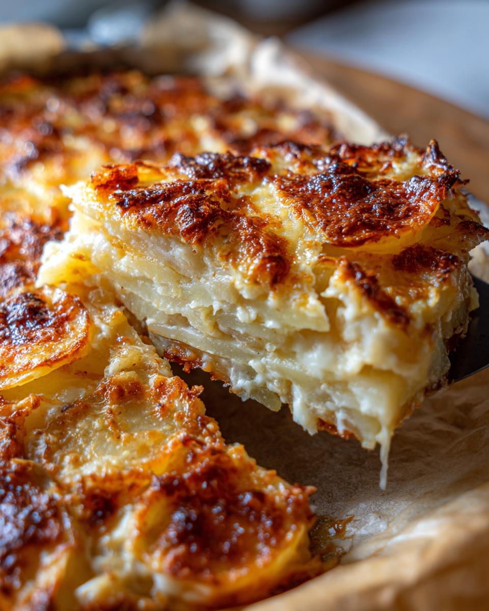 A close-up of a slice being lifted from a rich french onion potato bake with a golden-brown, cheesy crust.
