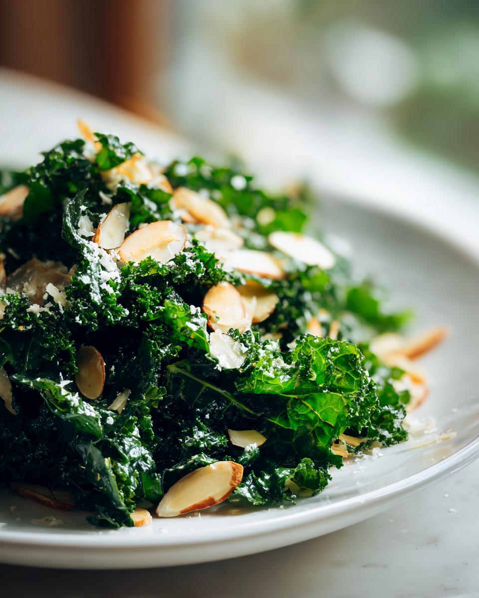 Close-up of a vibrant green kale salad tossed with sliced almonds and grated cheese.