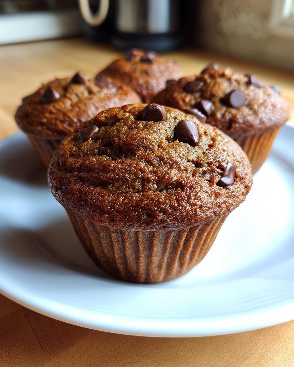 Close-up of four freshly baked chocolate chip muffins topped with melted chocolate chips on a white plate.