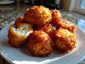 A pile of crispy, golden brown fried goat cheese balls on a white plate, one is broken open showing the creamy interior.