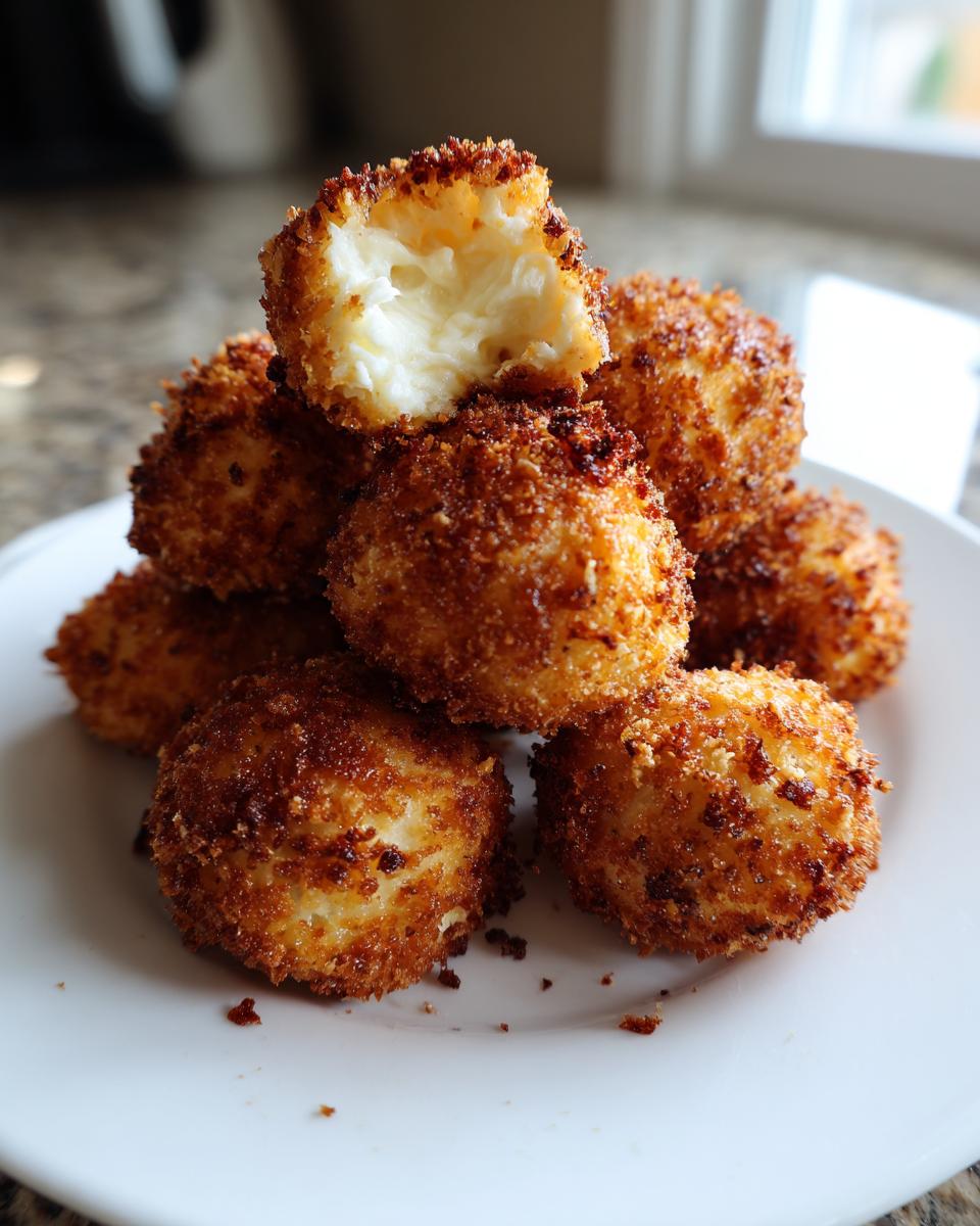 A stack of crispy, golden-brown fried goat cheese balls, with one broken open showing the soft white interior.