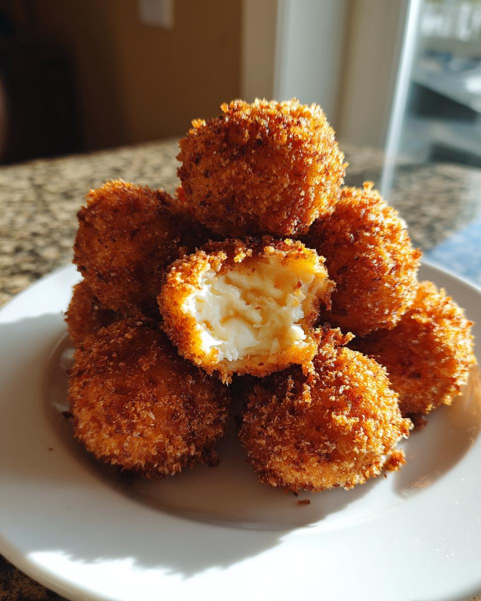 A stack of crispy, golden-brown fried goat cheese balls, with one broken open showing the soft white interior.