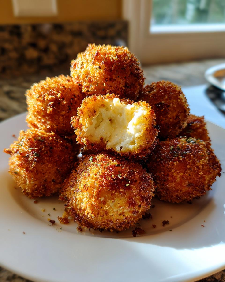 A stack of crispy, golden-brown fried goat cheese balls, one of which is broken open showing the soft white interior.