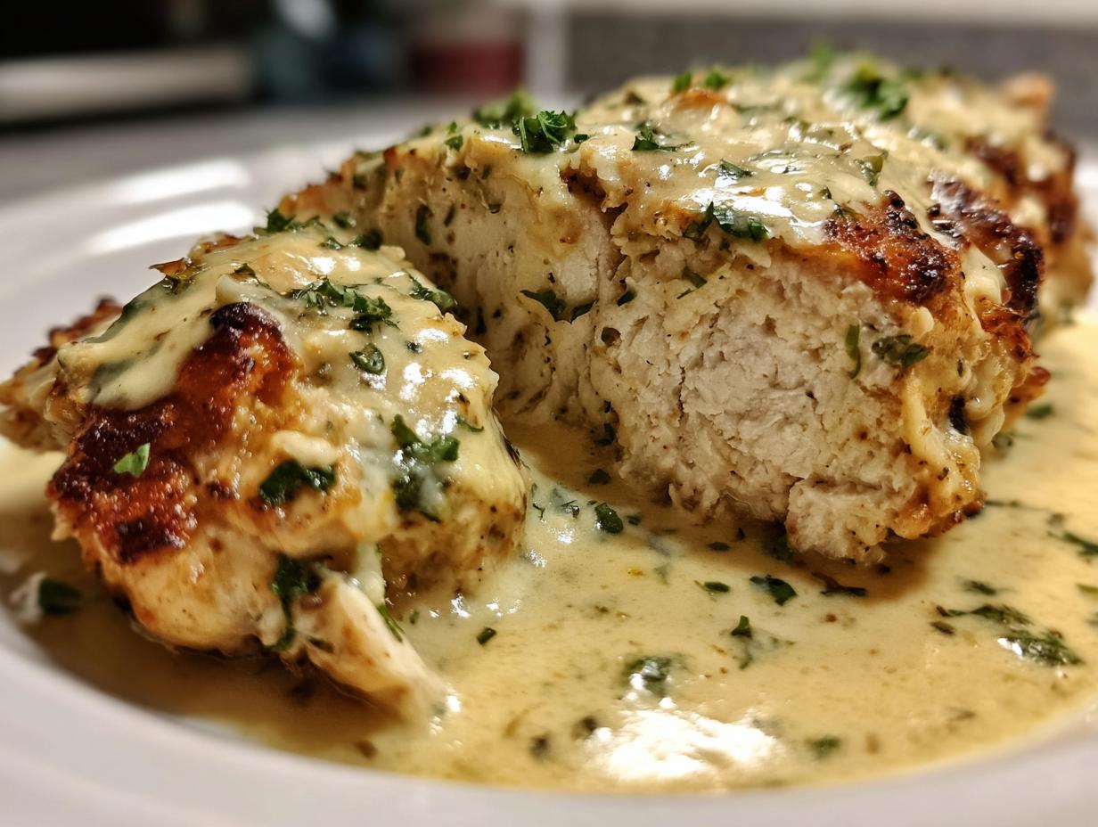 Close-up of sliced garlic parmesan chicken smothered in a creamy, herb-flecked sauce on a white plate.
