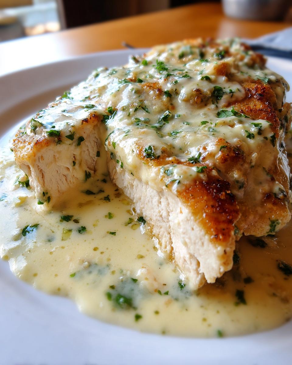 Cross-section of juicy garlic parmesan chicken smothered in a rich, creamy sauce dotted with green herbs.