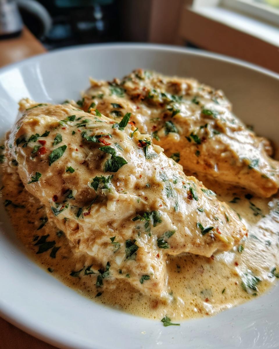 Two pieces of tender garlic parmesan chicken smothered in a rich, creamy sauce and topped with fresh parsley.