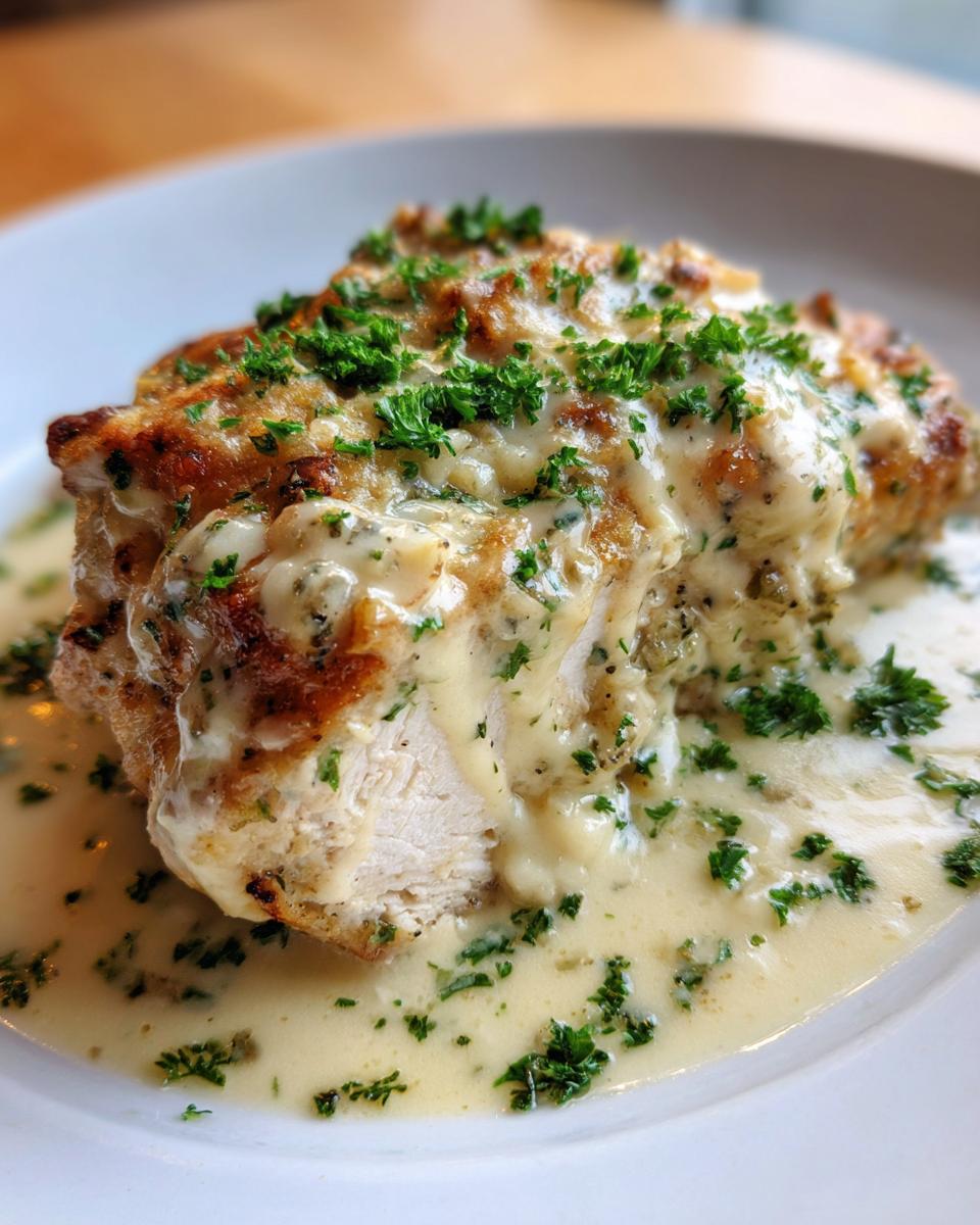 A cross-section view of tender garlic parmesan chicken smothered in creamy sauce and topped with fresh parsley.