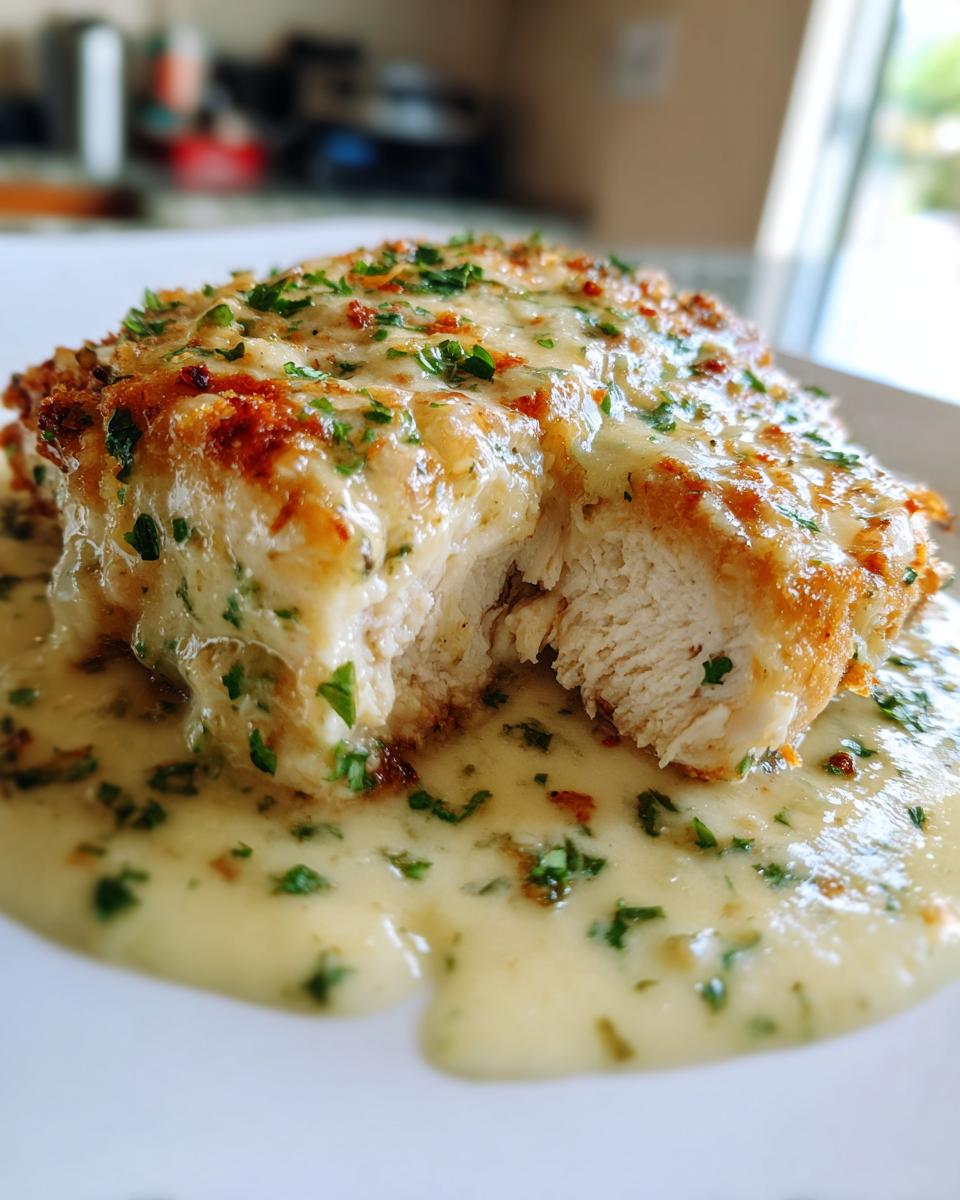 Cross-section of a breaded garlic parmesan chicken breast covered in creamy garlic sauce and parsley.
