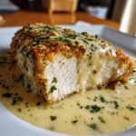 A cross-section of breaded garlic parmesan chicken smothered in a creamy garlic parmesan sauce and topped with parsley.