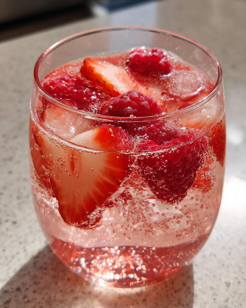 Close-up of a glass filled with pink champagne punch, ice, strawberries, and raspberries.