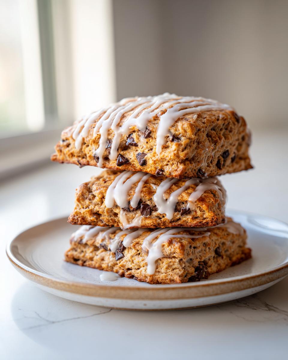 Three delicious chocolate chip scones stacked on a plate, drizzled with white glaze.