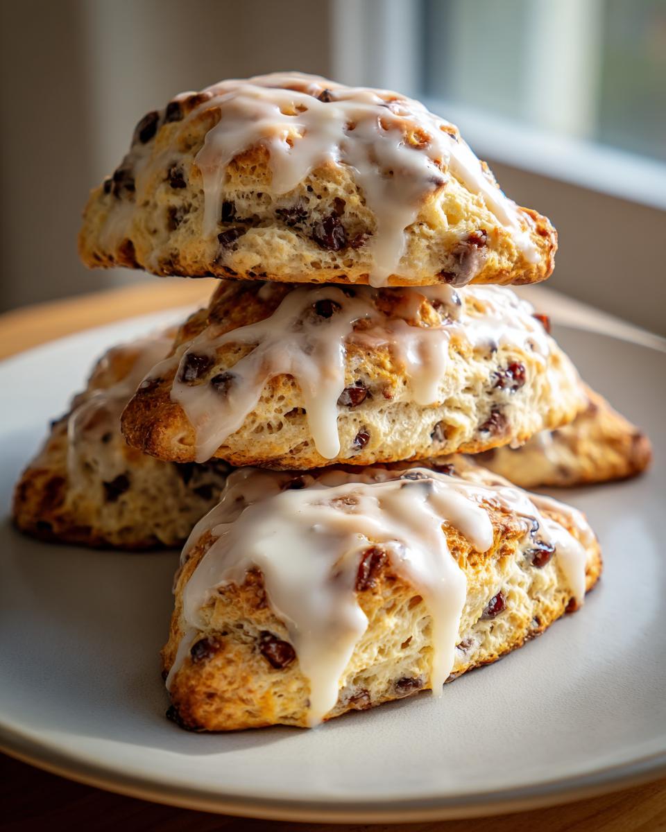 A stack of three freshly baked chocolate chip scones drizzled generously with white vanilla glaze.