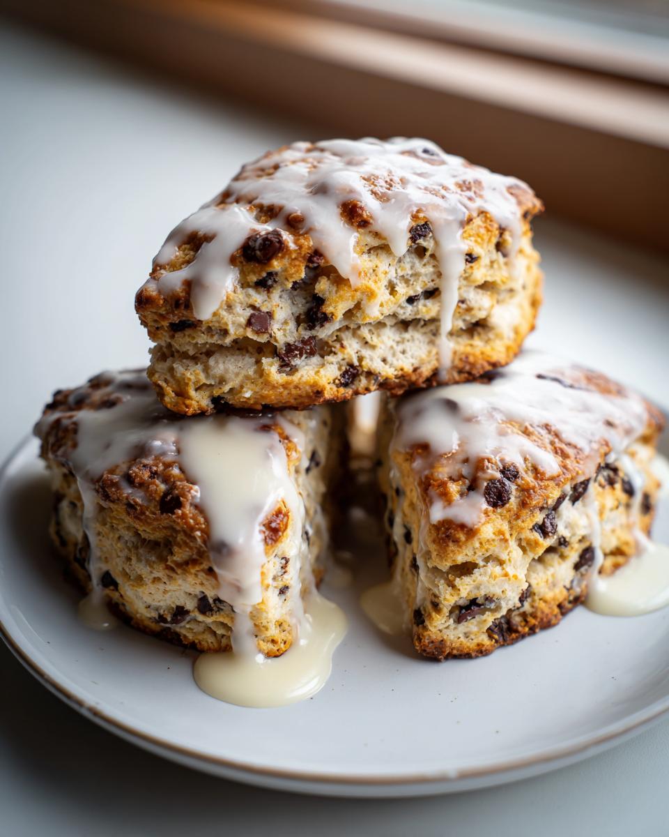 Three delicious chocolate chip scones stacked and drizzled heavily with white vanilla glaze.