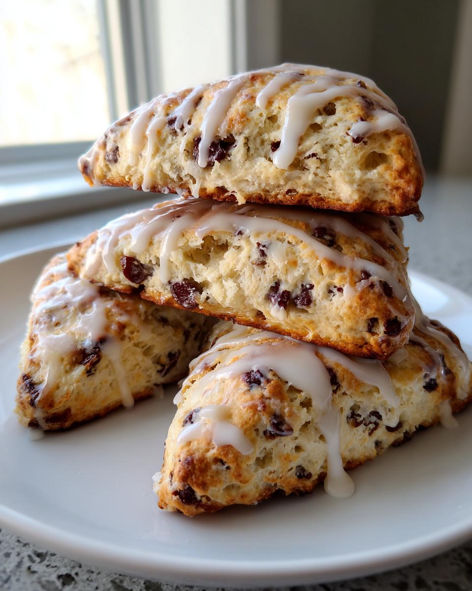 A stack of four freshly baked chocolate chip scones drizzled with white vanilla glaze.