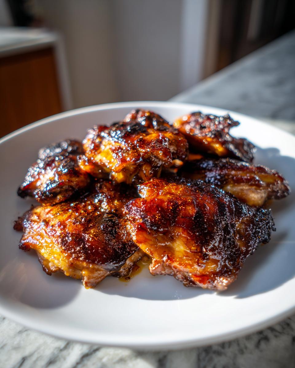 Close-up of beautifully glazed, caramelized Hawaiian Huli Huli Chicken pieces piled high on a white serving plate.