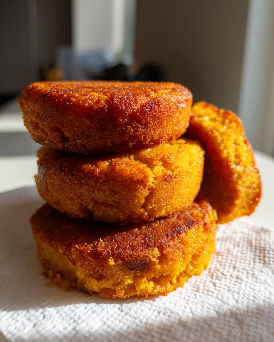 A stack of three golden brown, freshly fried hot water cornbread patties resting on a white paper towel.