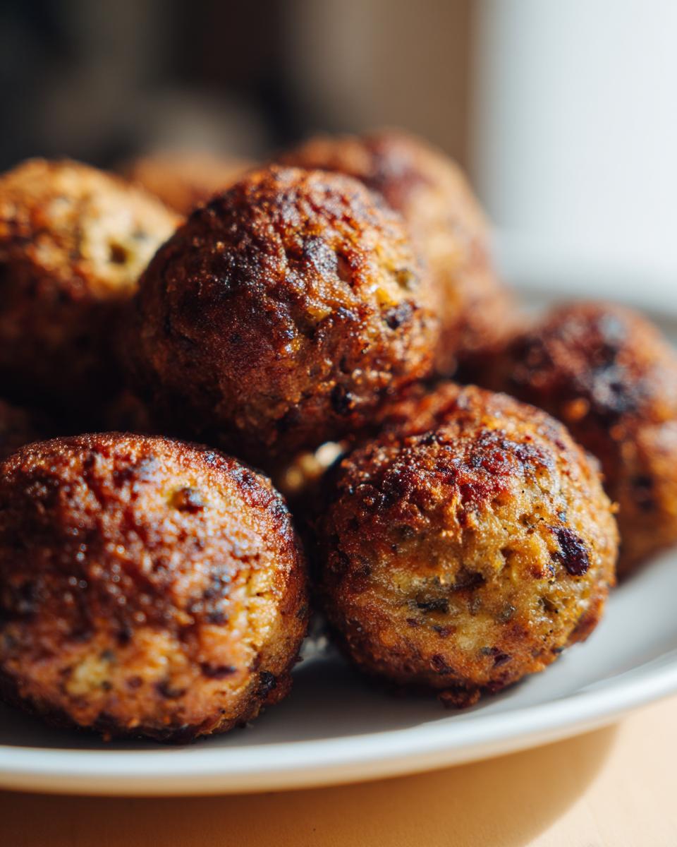 Close-up of several perfectly browned, crispy stuffing balls piled on a white plate.