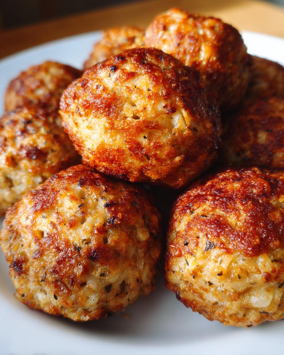 Close-up of several golden brown, perfectly cooked stuffing balls stacked on a white plate.