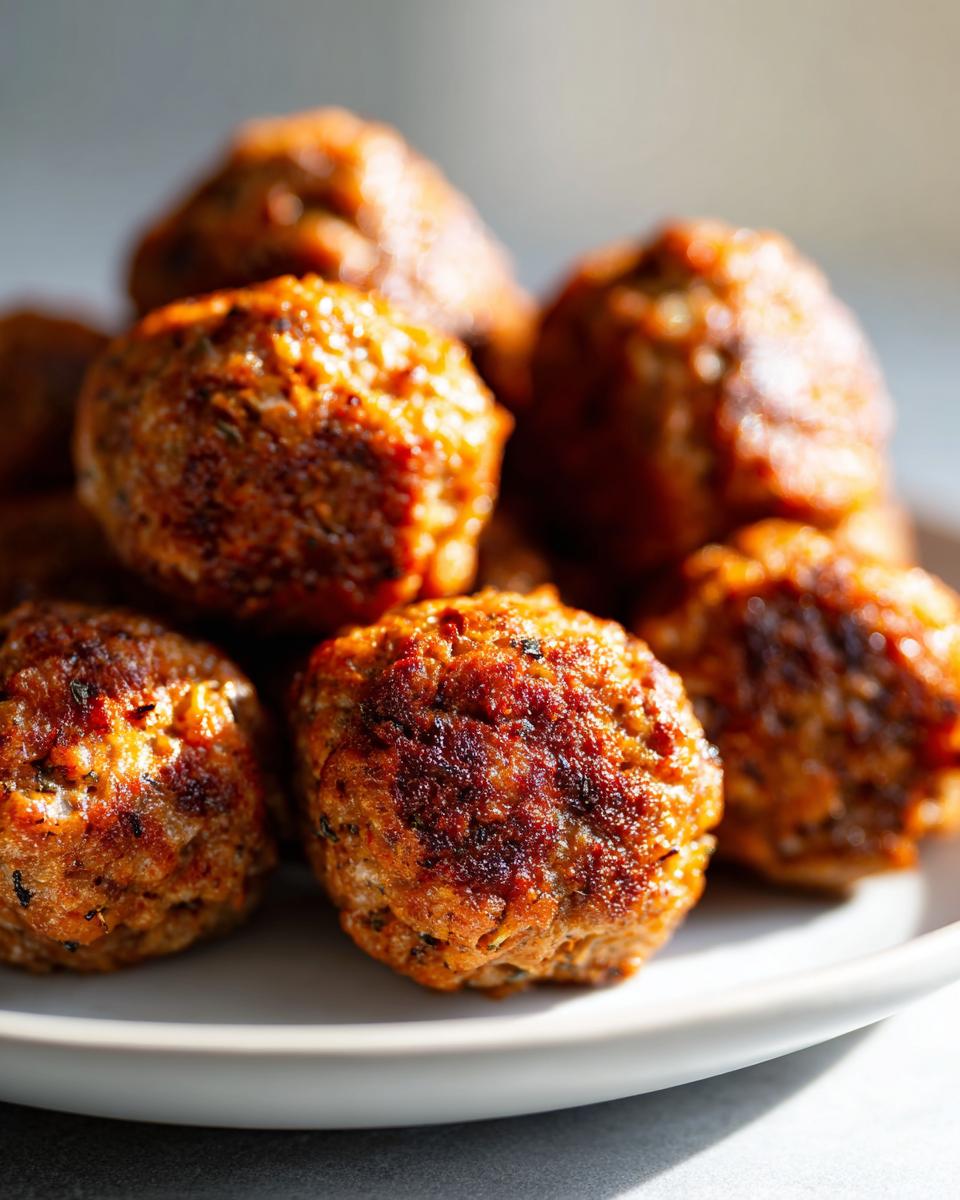 Close-up of several perfectly browned stuffing balls piled high on a white plate.