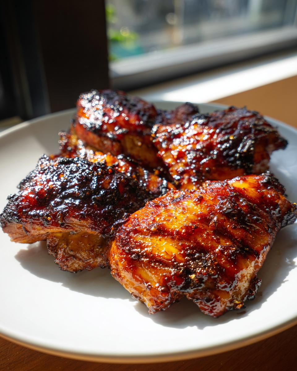 Three pieces of deeply caramelized, glazed Hawaiian Huli Huli Chicken resting on a white plate.