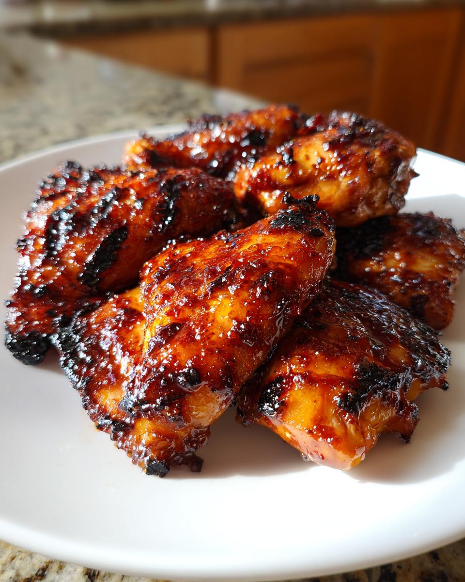 Close-up of several pieces of sticky, charred Hawaiian huli huli chicken glistening with sauce on a white plate.