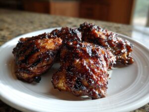 Close-up of three pieces of sticky, caramelized Hawaiian huli huli chicken resting on a white plate.