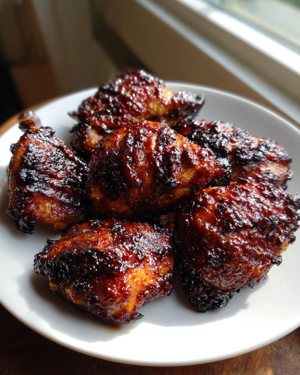 Close-up of several pieces of dark, caramelized Hawaiian huli huli chicken served on a white plate.