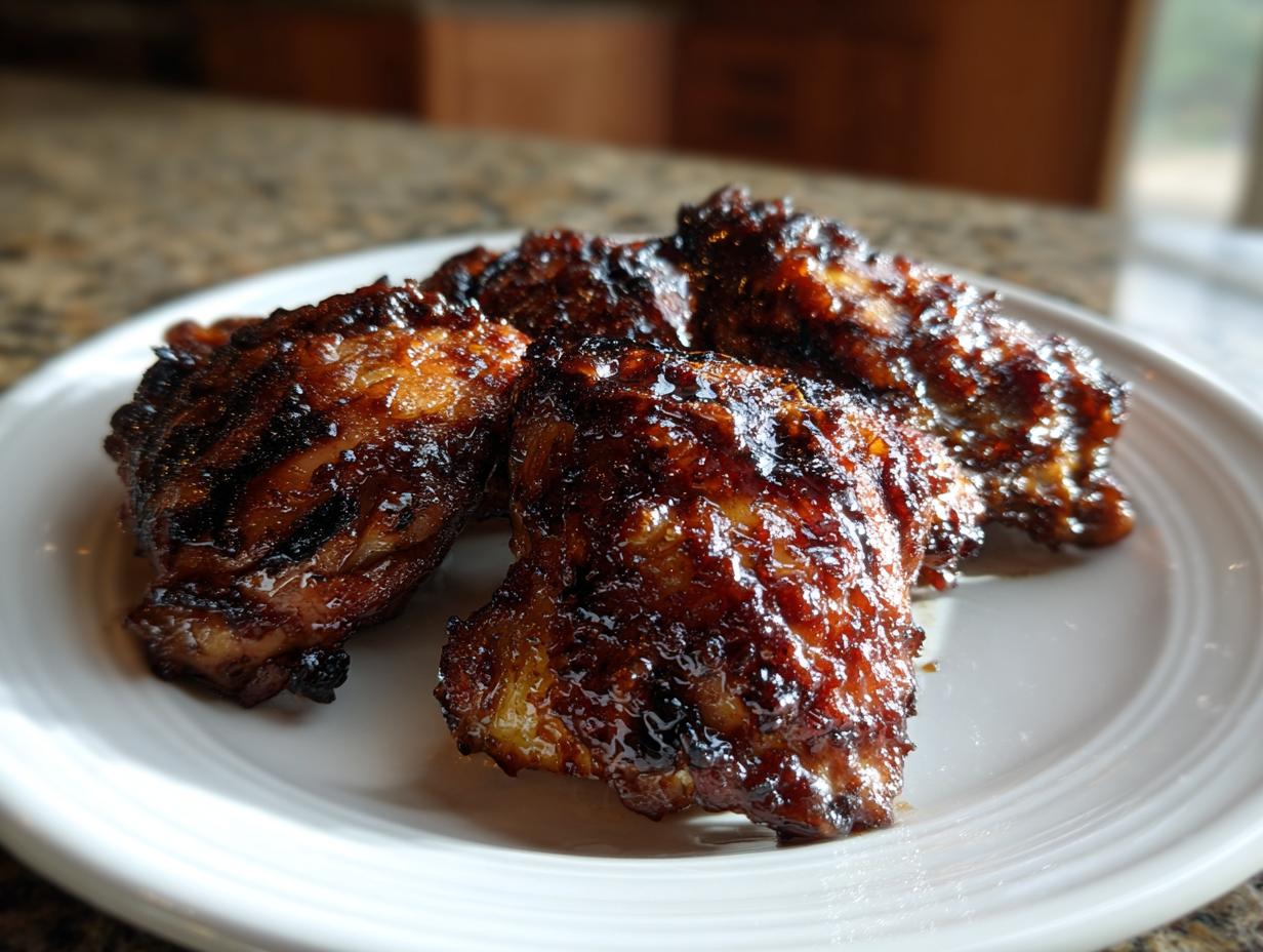 Close-up of three pieces of sticky, caramelized Hawaiian huli huli chicken resting on a white plate.