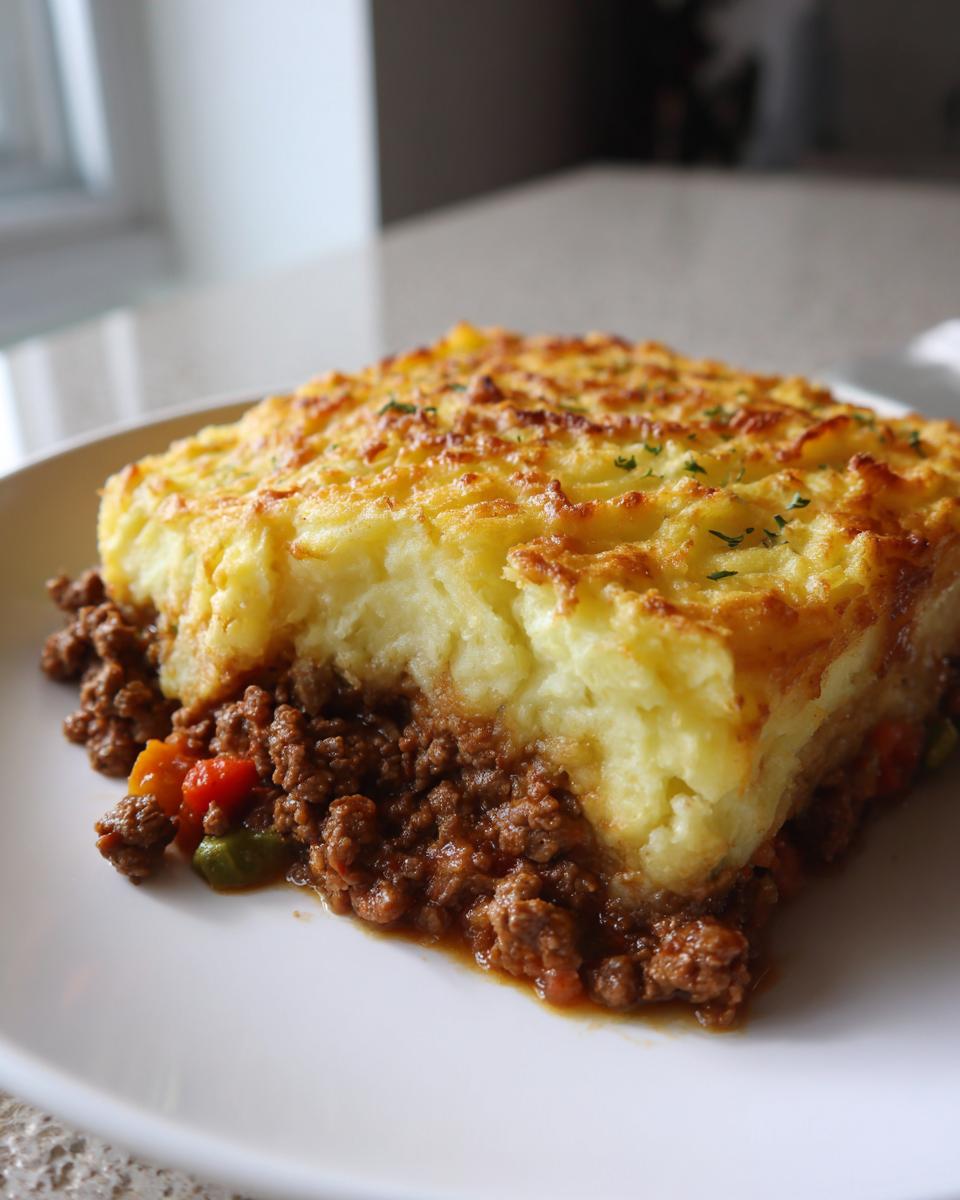 A generous slice of hearty cottage pie featuring a rich meat base and a golden, crispy mashed potato topping.