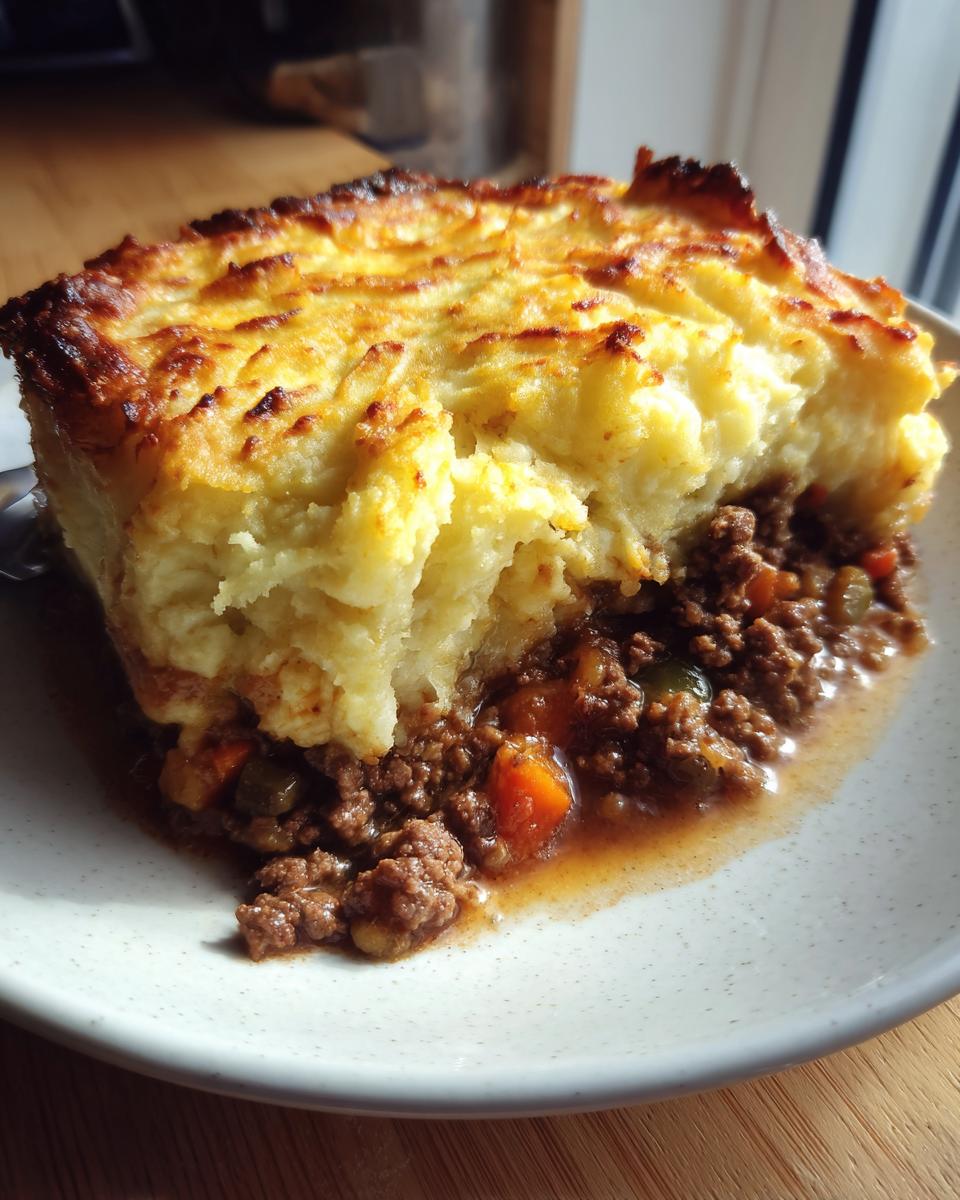 A close-up of a hearty slice of cottage pie showing the rich meat filling and golden, crispy mashed potato topping.
